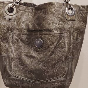 Coach Metallic Gray Leather Tote with Signature Stitching